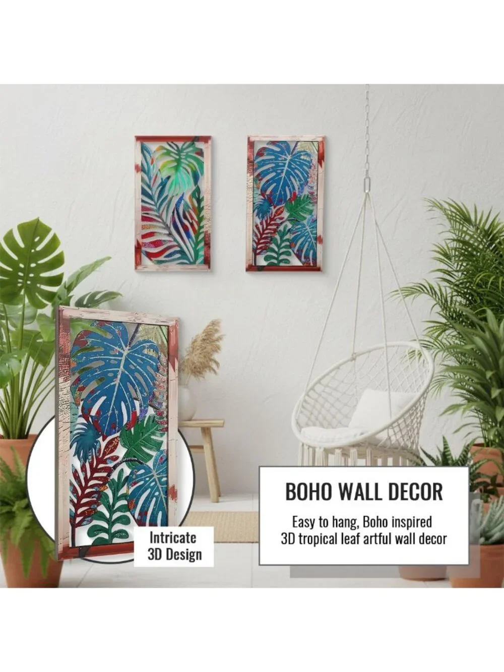 2 Pack Metal Leaf Boho Wall Decor | 3D Tropical Wall Art for Living Room
